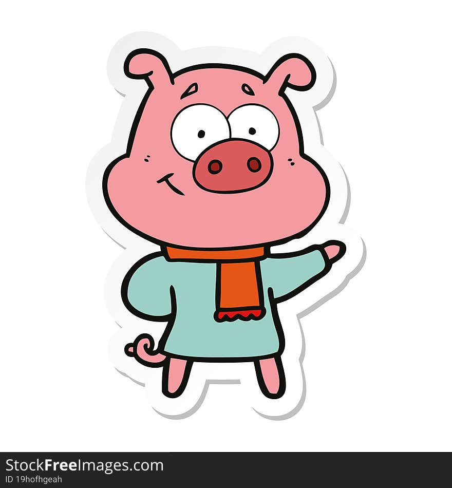 sticker of a happy cartoon pig wearing warm clothes