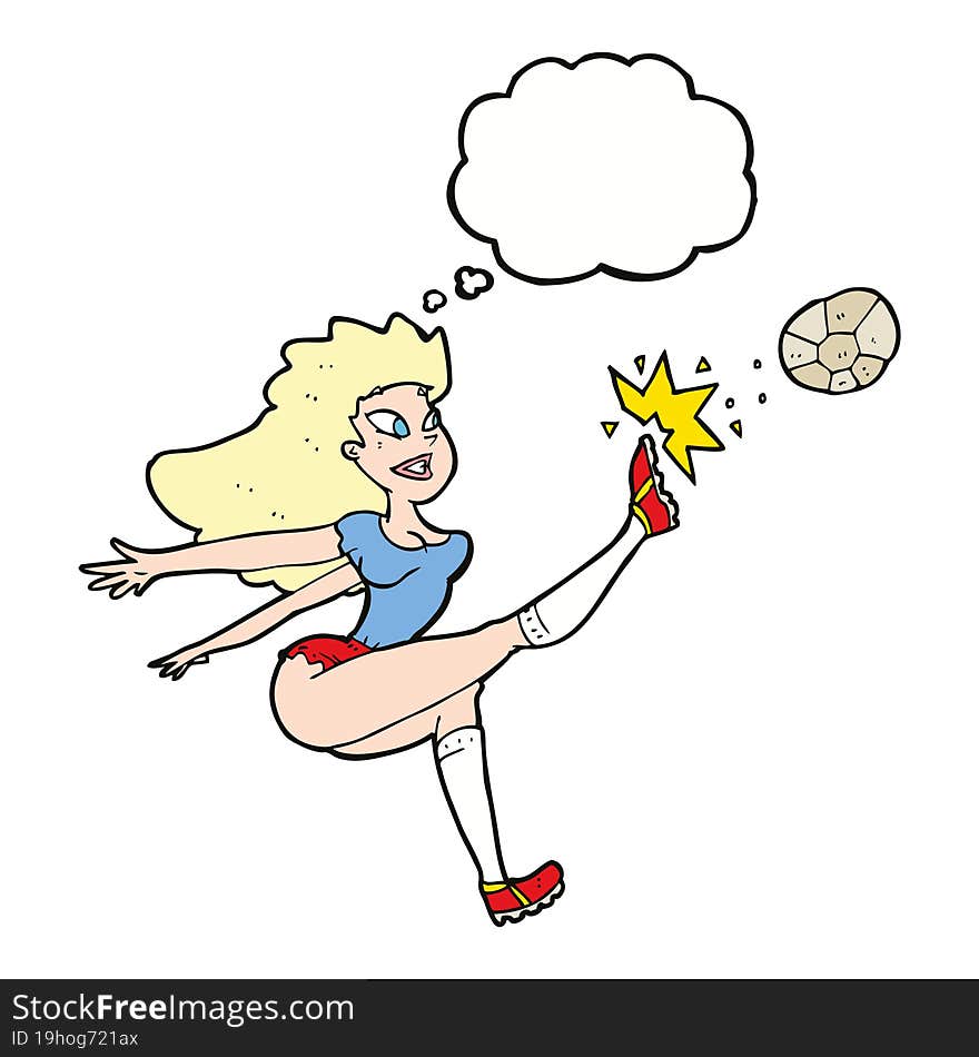 cartoon female soccer player kicking ball with thought bubble