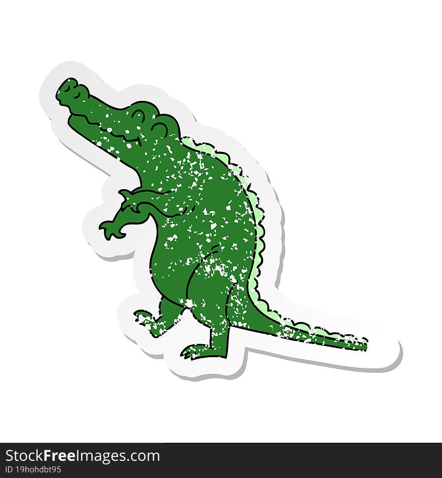 distressed sticker of a quirky hand drawn cartoon crocodile