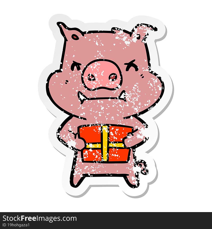 Distressed Sticker Of A Angry Cartoon Pig With Christmas Gift