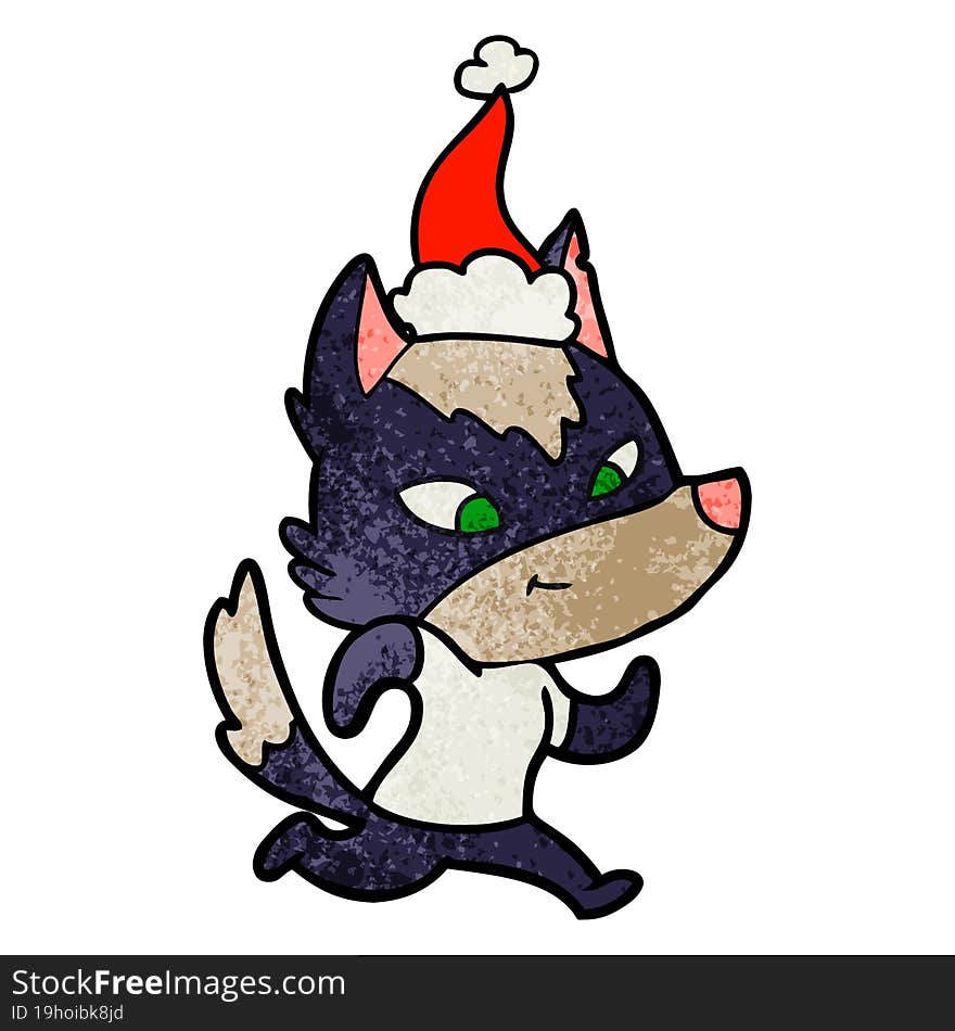 friendly textured cartoon of a wolf wearing santa hat