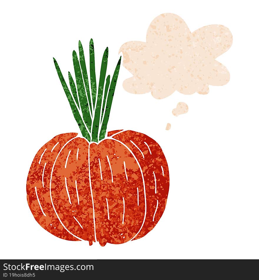 cartoon vegetable and thought bubble in retro textured style