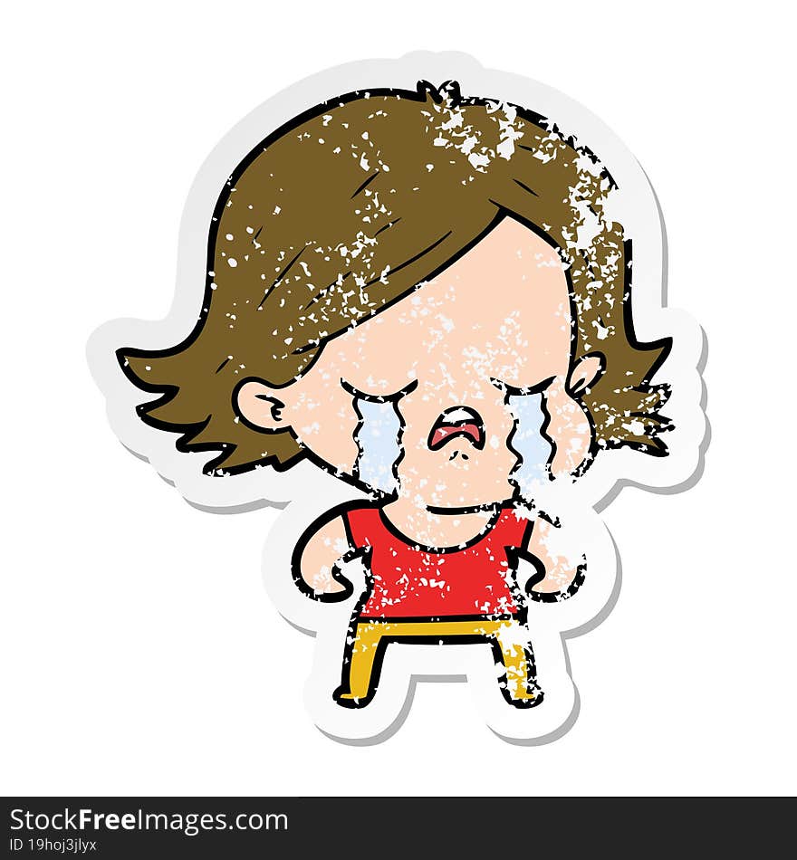 distressed sticker of a cartoon girl crying