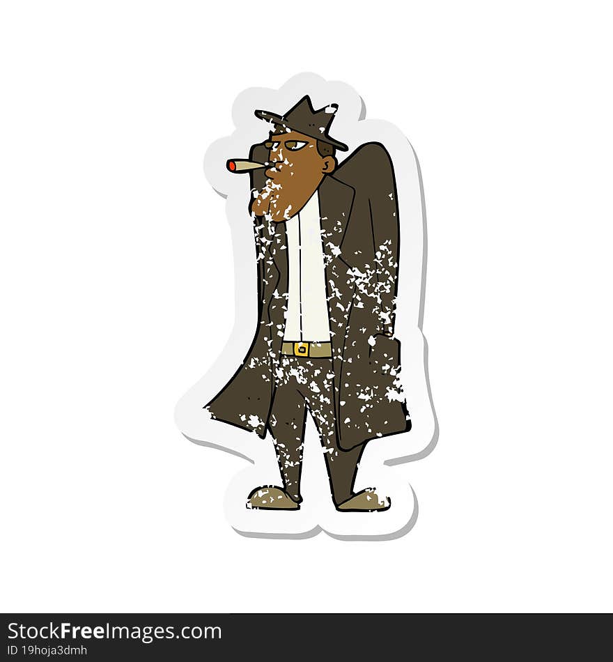 retro distressed sticker of a cartoon man in hat and trench coat