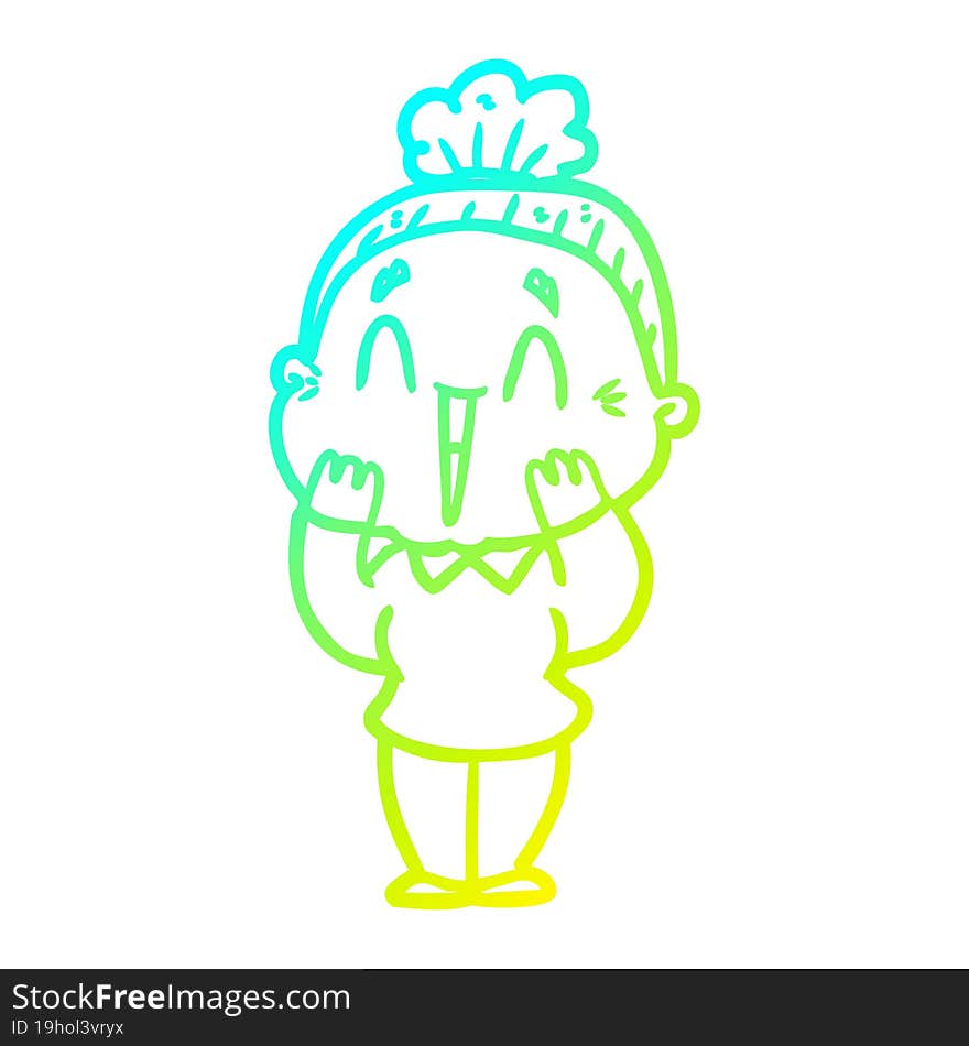 cold gradient line drawing cartoon happy old lady