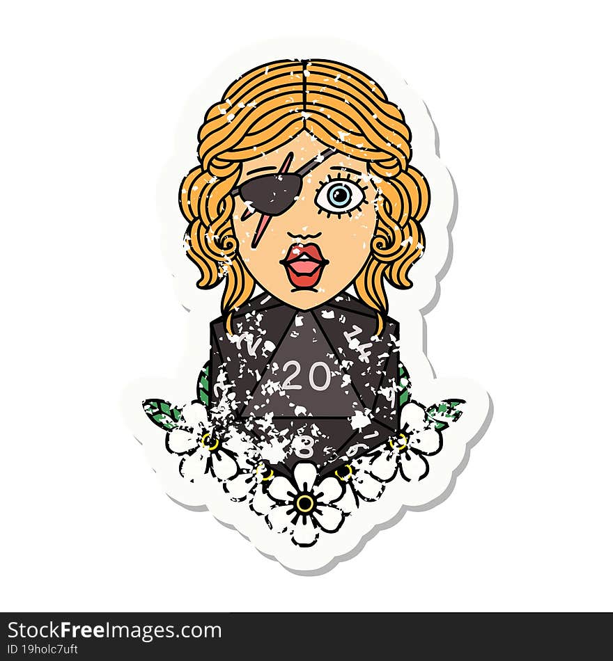 human rogue with natural twenty dice roll grunge sticker