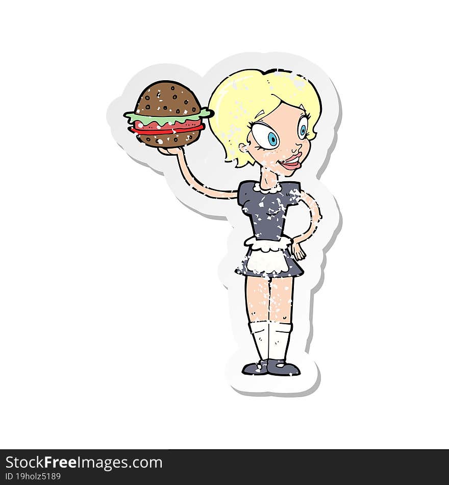 retro distressed sticker of a cartoon waitress with burger