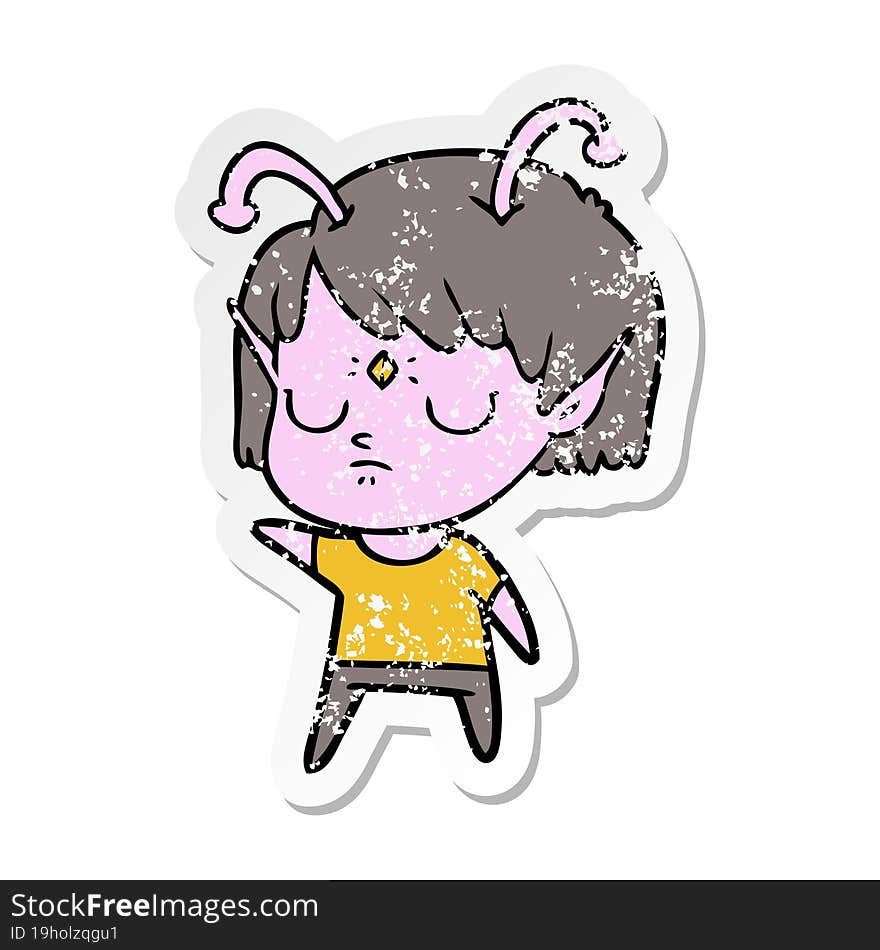 distressed sticker of a cartoon alien girl