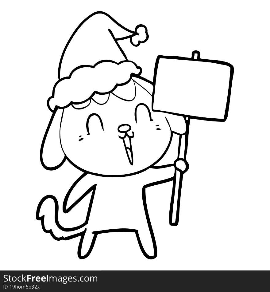 cute line drawing of a dog wearing santa hat