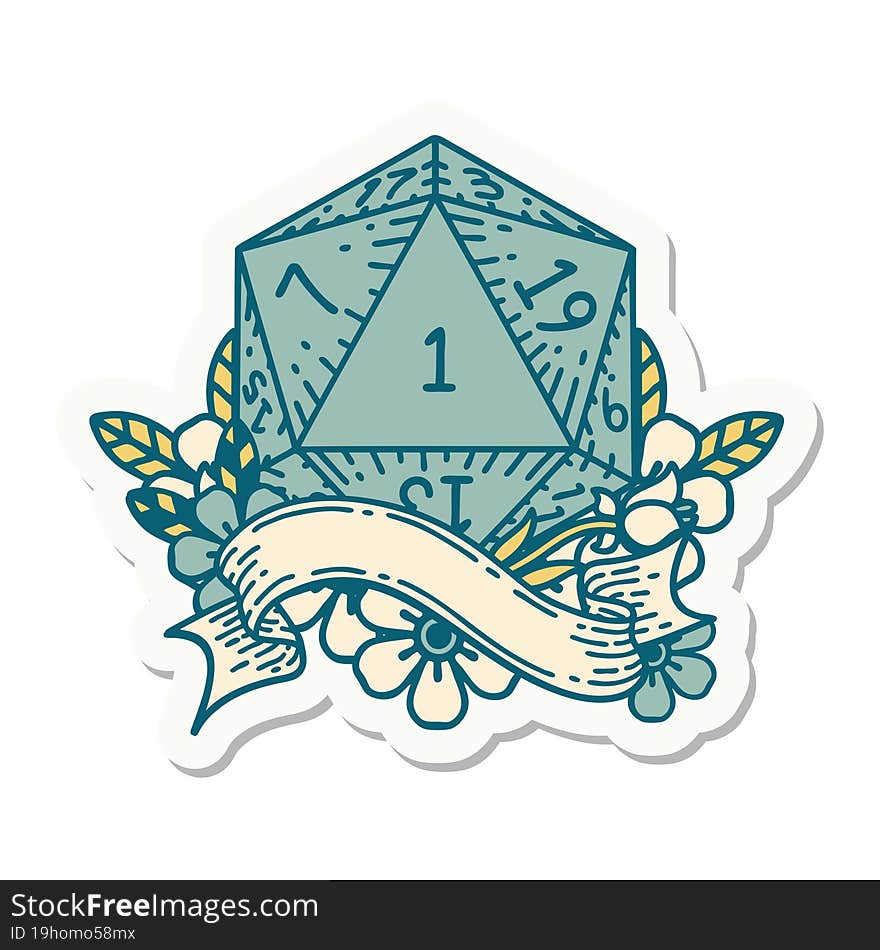 sticker of a natural one d20 dice roll. sticker of a natural one d20 dice roll