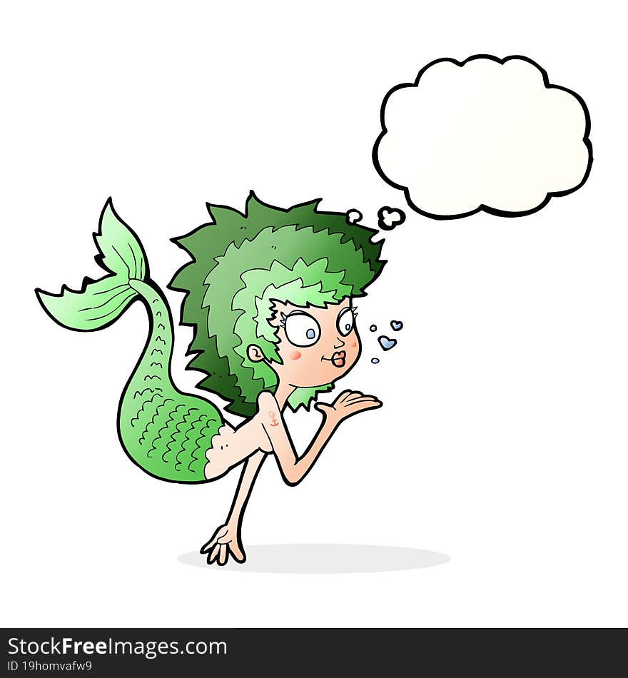 Cartoon Mermaid Blowing A Kiss With Thought Bubble