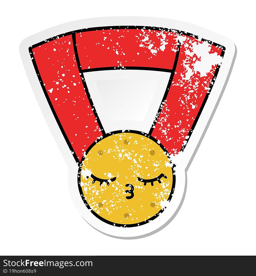 distressed sticker of a cute cartoon gold medal