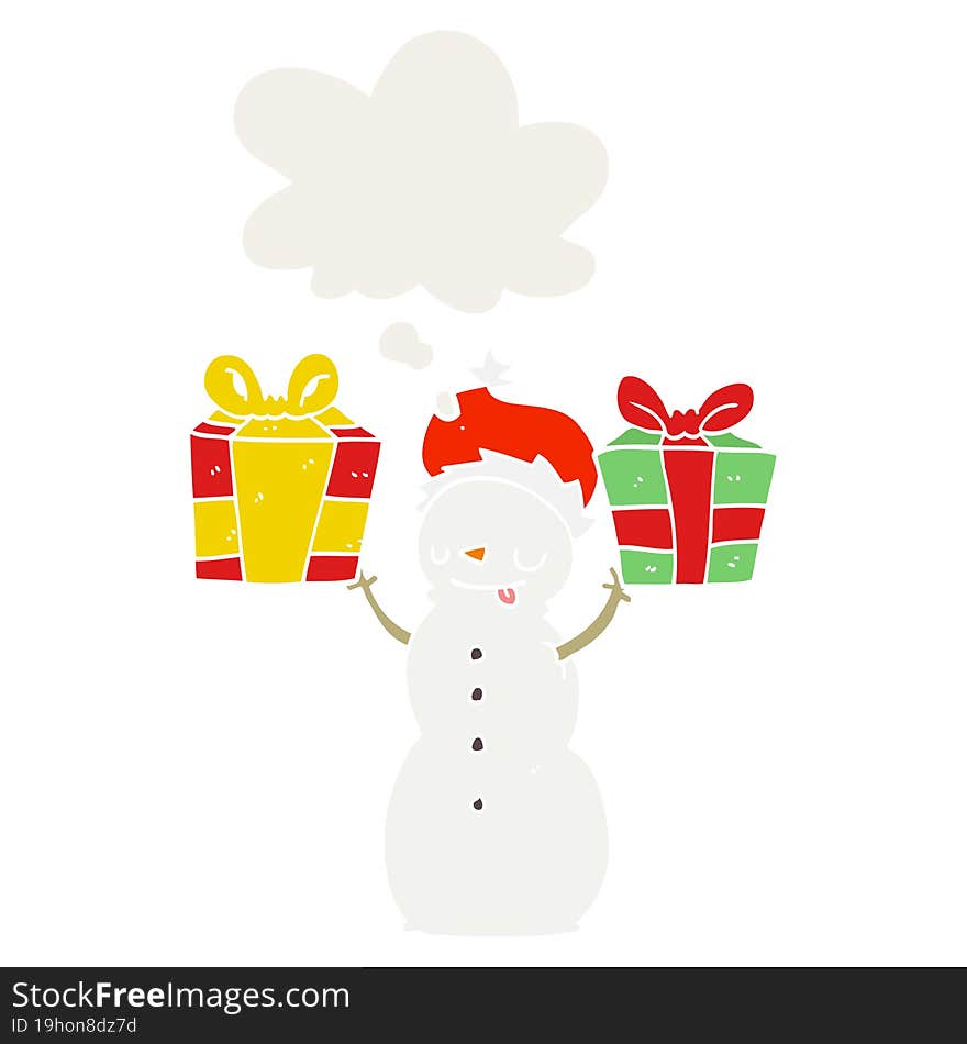 cartoon snowman with present with thought bubble in retro style