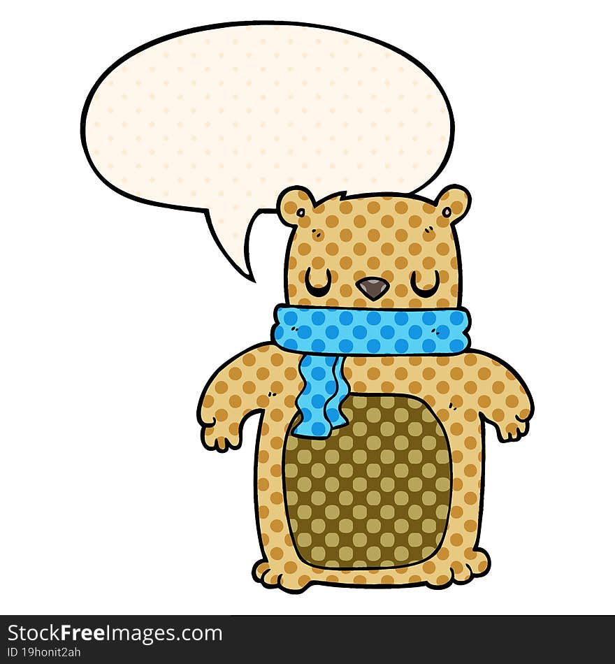 cartoon bear and scarf and speech bubble in comic book style