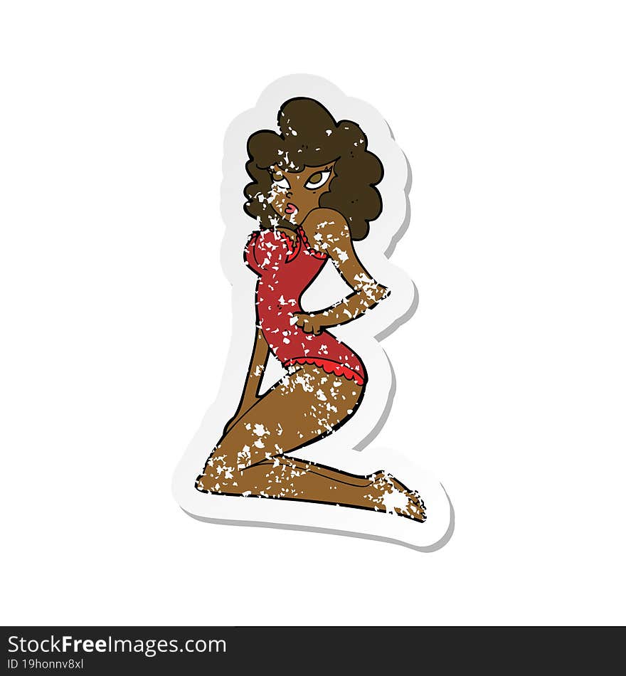 retro distressed sticker of a cartoon pin-up woman