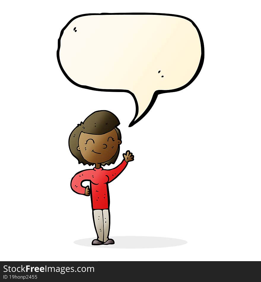 cartoon friendly waving woman with speech bubble