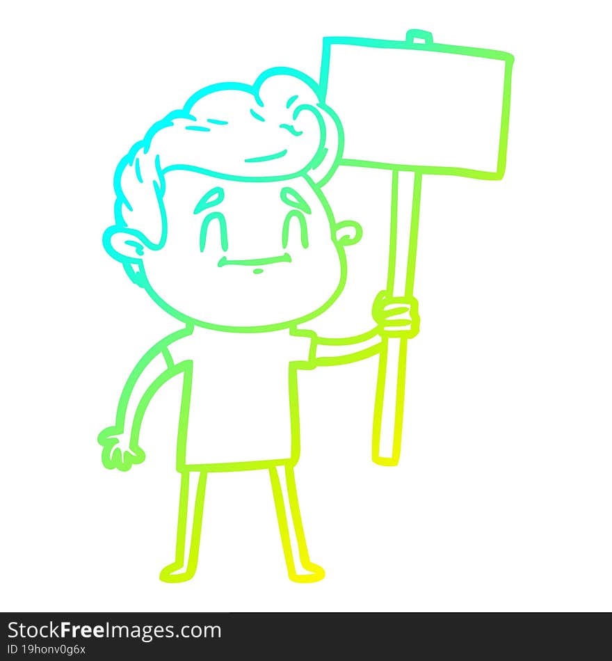 cold gradient line drawing of a happy cartoon man with sign