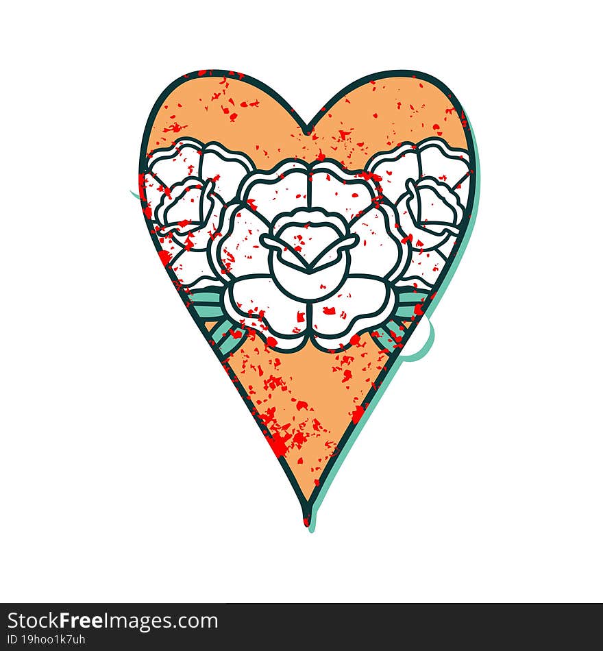 Distressed Sticker Tattoo Style Icon Of A Heart And Flowers