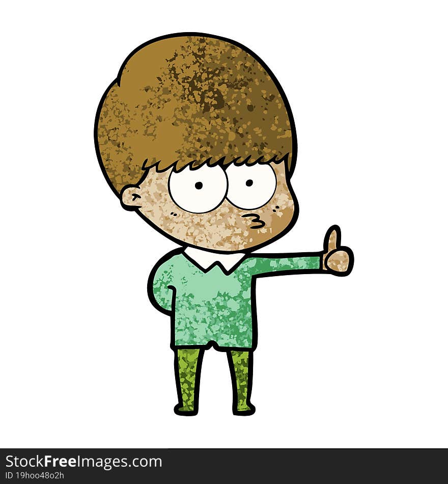 curious cartoon boy giving thumbs up sign. curious cartoon boy giving thumbs up sign