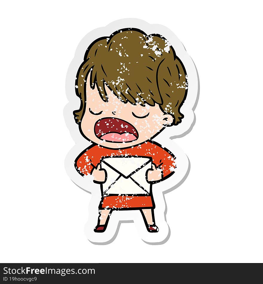 distressed sticker of a cartoon woman talking