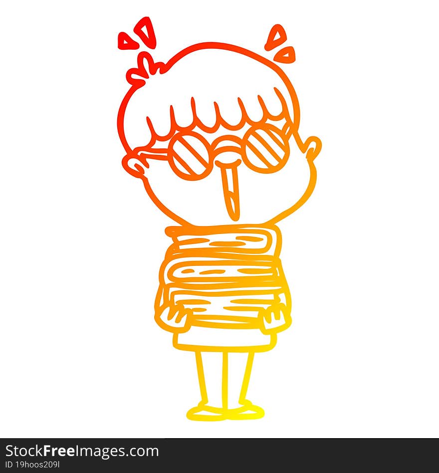 warm gradient line drawing cartoon boy with amazing books