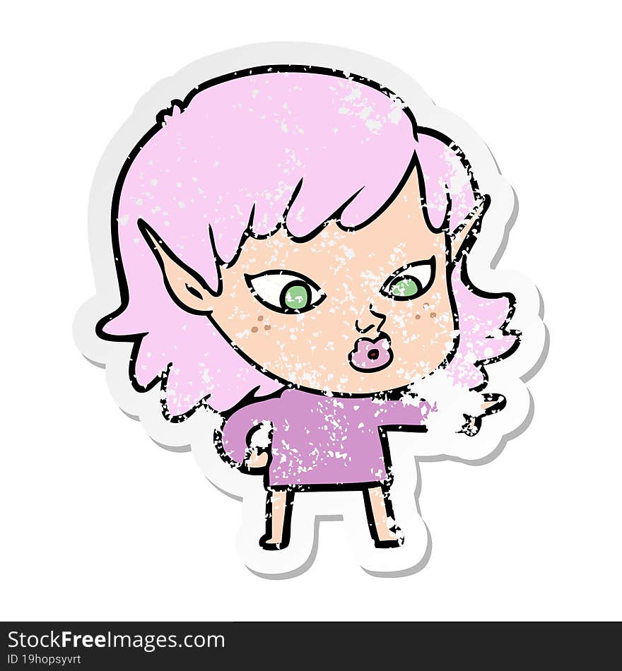 distressed sticker of a pretty cartoon elf girl