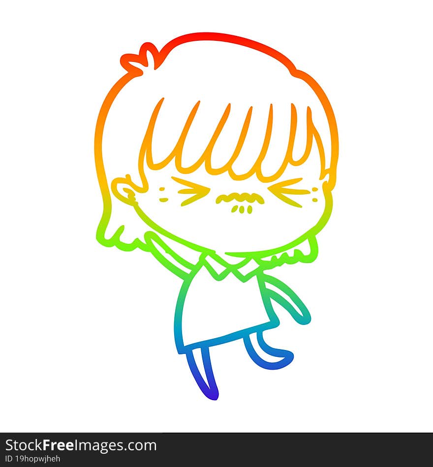 Rainbow Gradient Line Drawing Annoyed Cartoon Girl