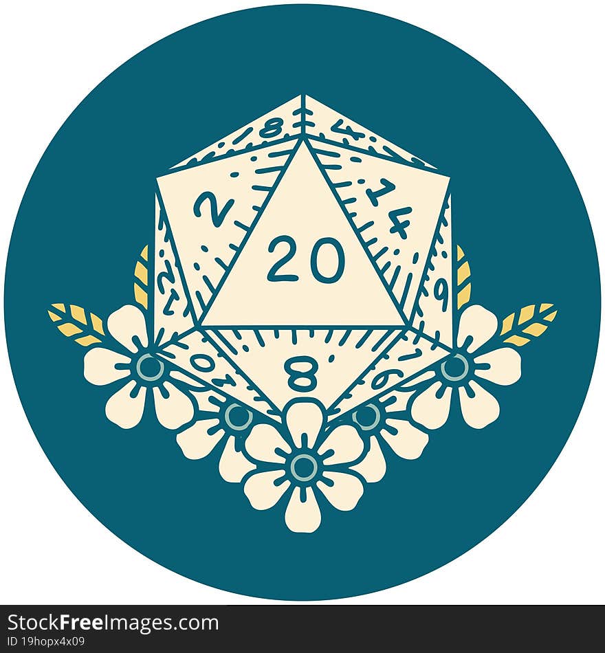 Natural 20 D20 Dice Roll With Floral Elements Illustration