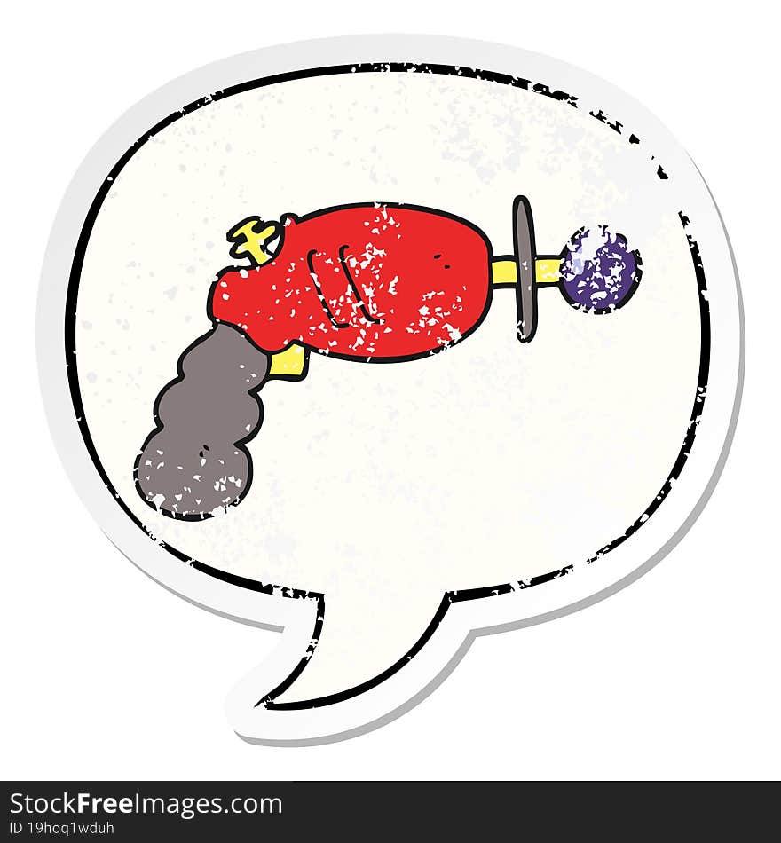 cartoon ray gun and speech bubble distressed sticker