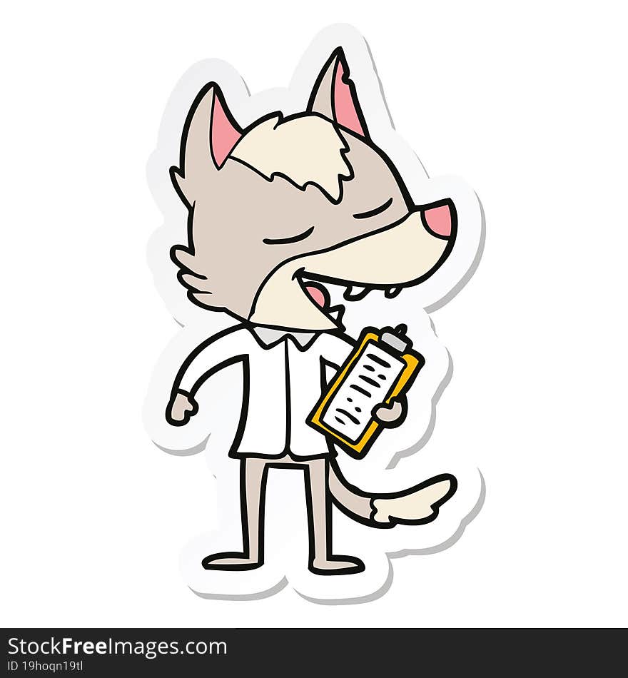 sticker of a cartoon saleman wolf laughing