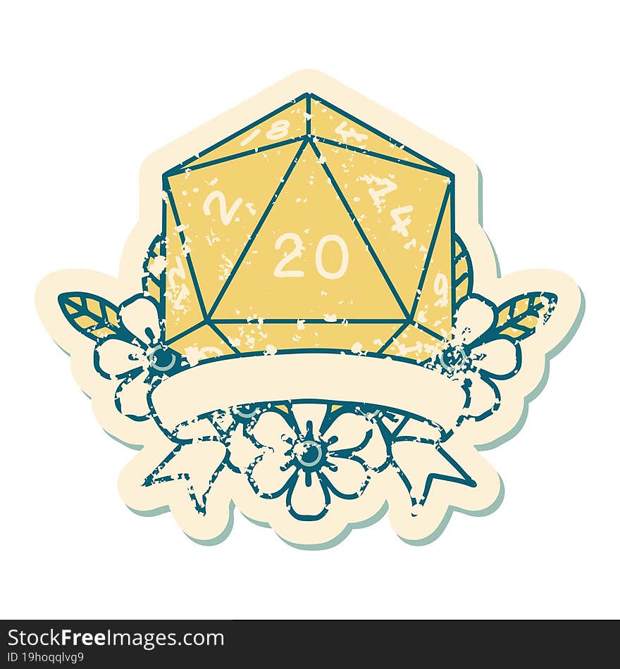 Retro Tattoo Style natural 20 critical hit D20 dice roll. Retro Tattoo Style natural 20 critical hit D20 dice roll