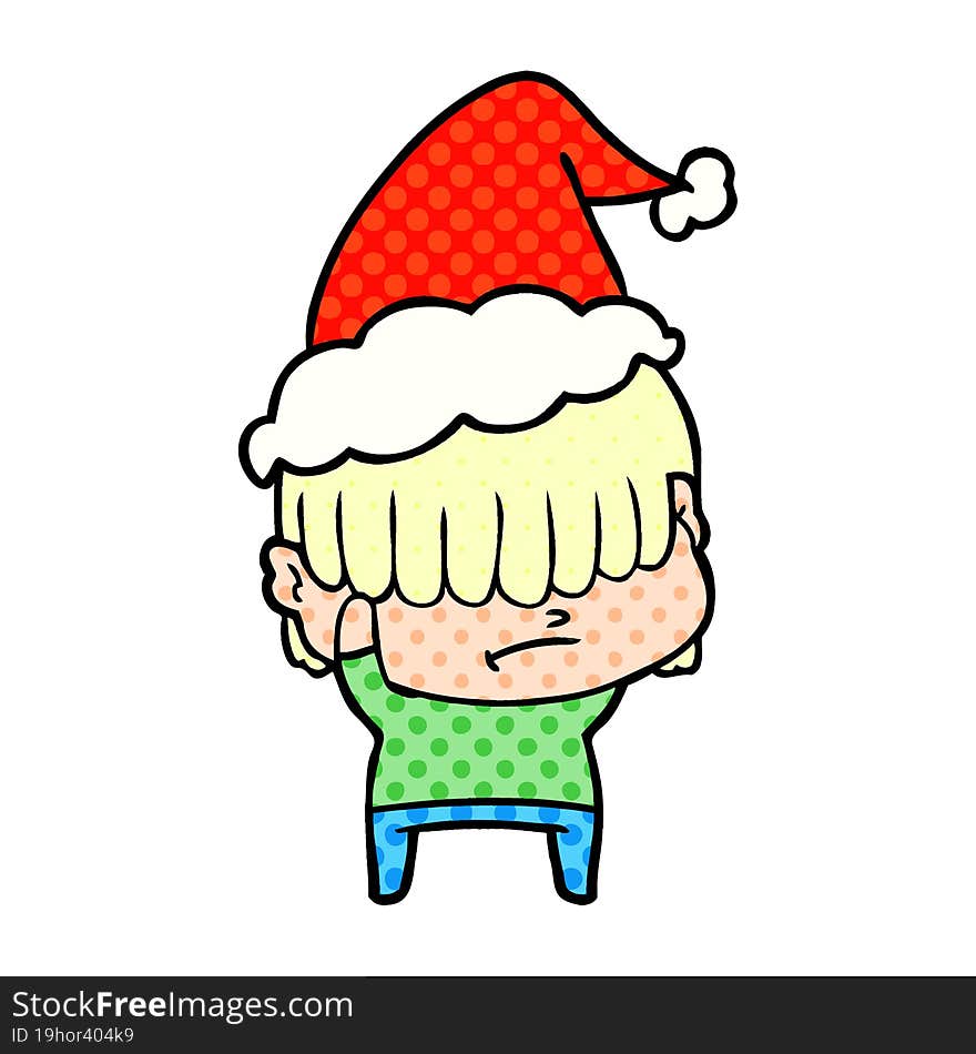 Comic Book Style Illustration Of A Boy With Untidy Hair Wearing Santa Hat