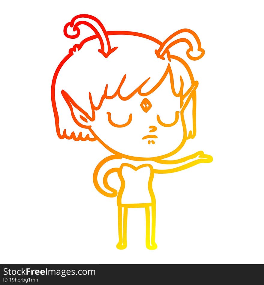 warm gradient line drawing of a cartoon alien girl