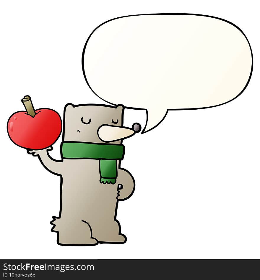 cartoon bear and apple and speech bubble in smooth gradient style