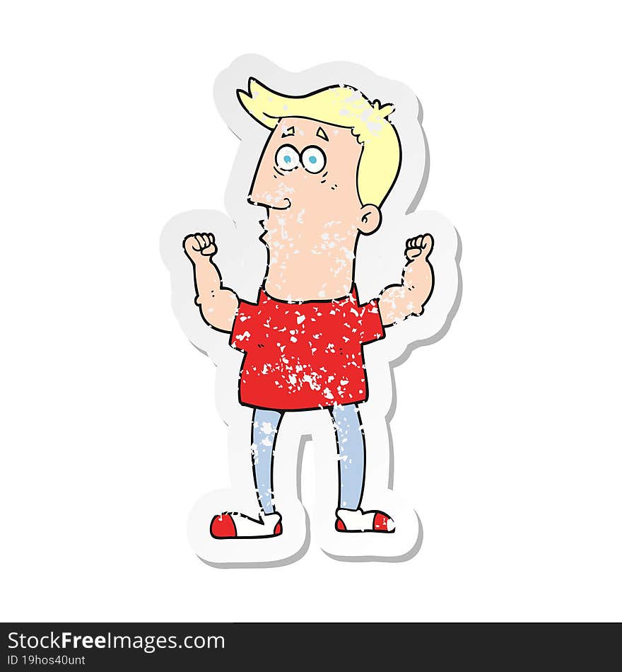 Retro Distressed Sticker Of A Cartoon Surprised Man Flexing Biceps