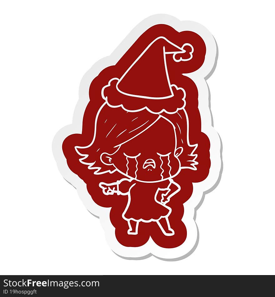 Cartoon  Sticker Of A Girl Crying And Pointing Wearing Santa Hat