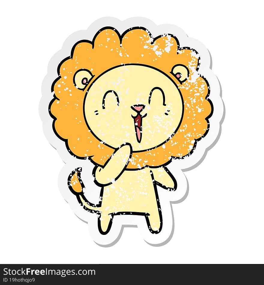 distressed sticker of a laughing lion cartoon