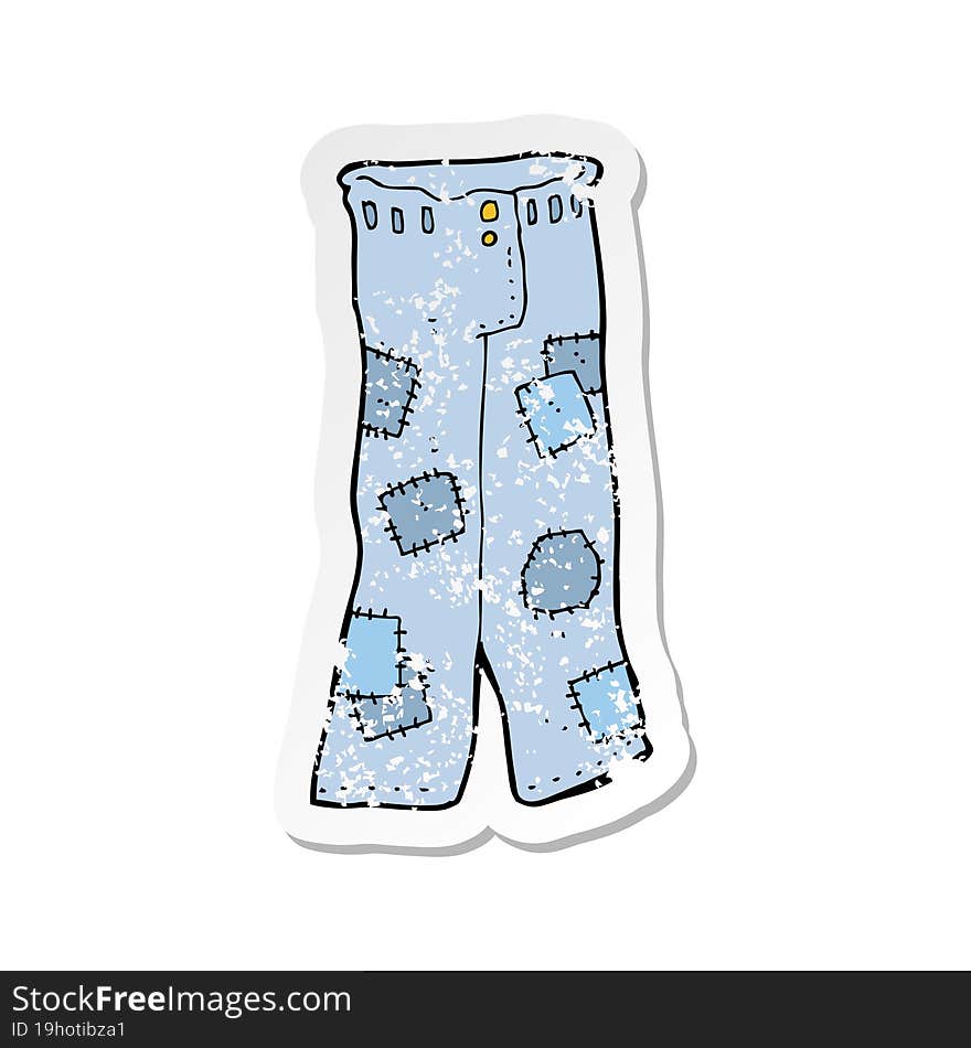 retro distressed sticker of a cartoon patched old jeans