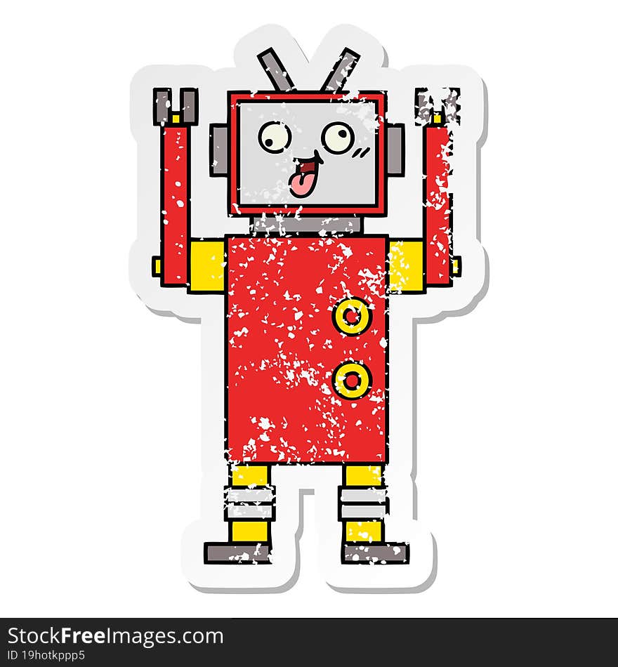 distressed sticker of a cute cartoon crazy robot