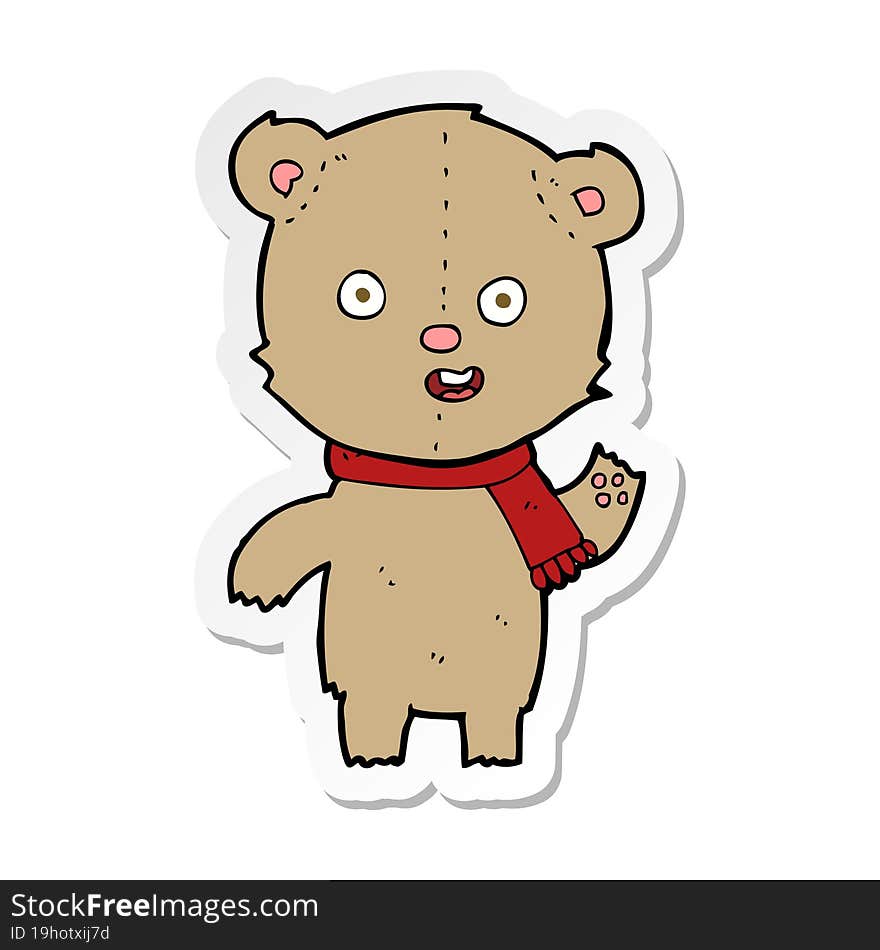 sticker of a cartoon waving teddy bear with scarf