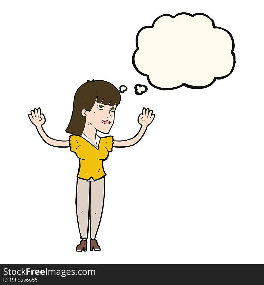 cartoon woman throwing hands in air with thought bubble