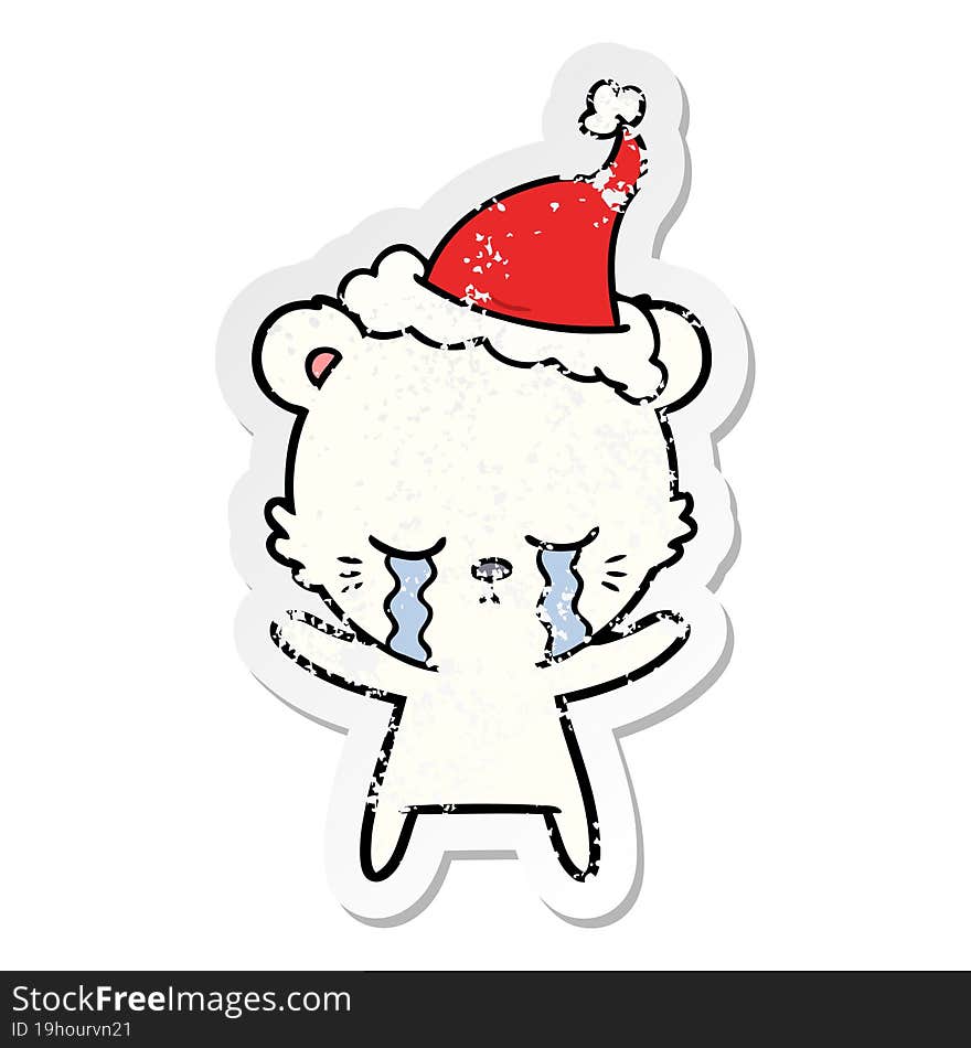 crying distressed sticker cartoon of a polarbear wearing santa hat