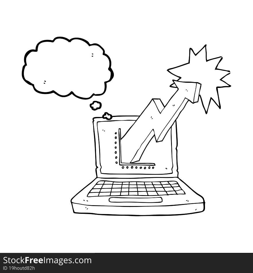 freehand drawn thought bubble cartoon laptop computer with business graph