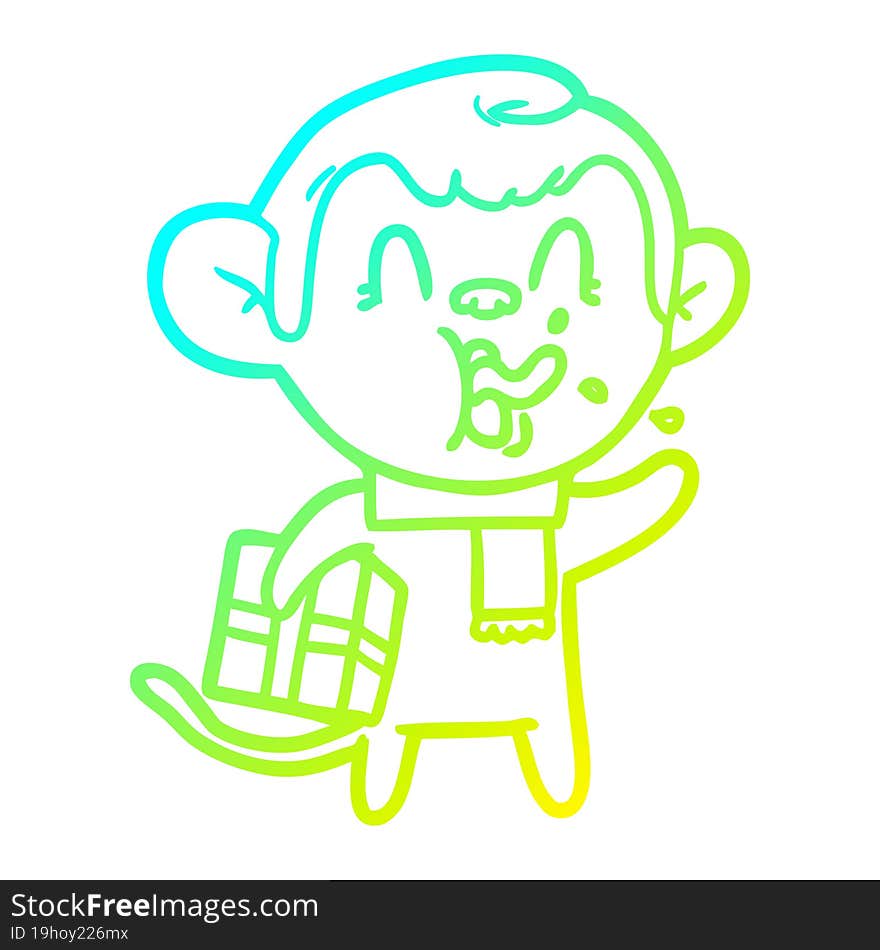 cold gradient line drawing of a crazy cartoon monkey with christmas present