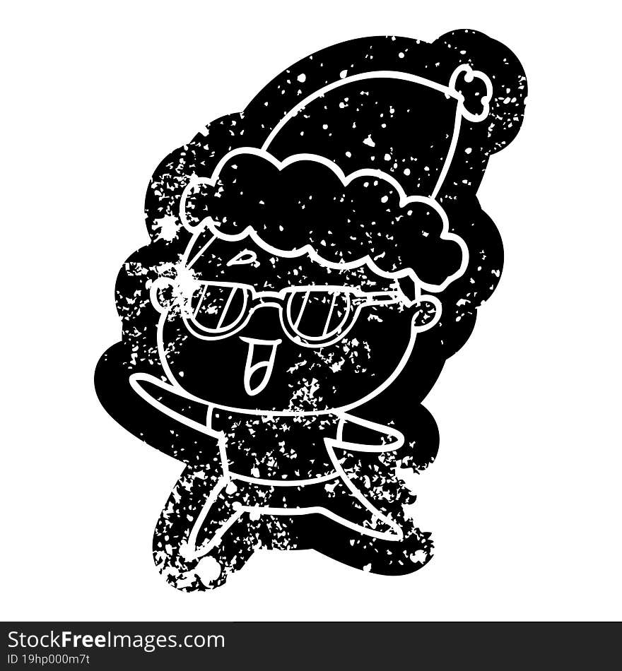 Cartoon Distressed Icon Of A Happy Woman Wearing Spectacles Wearing Santa Hat