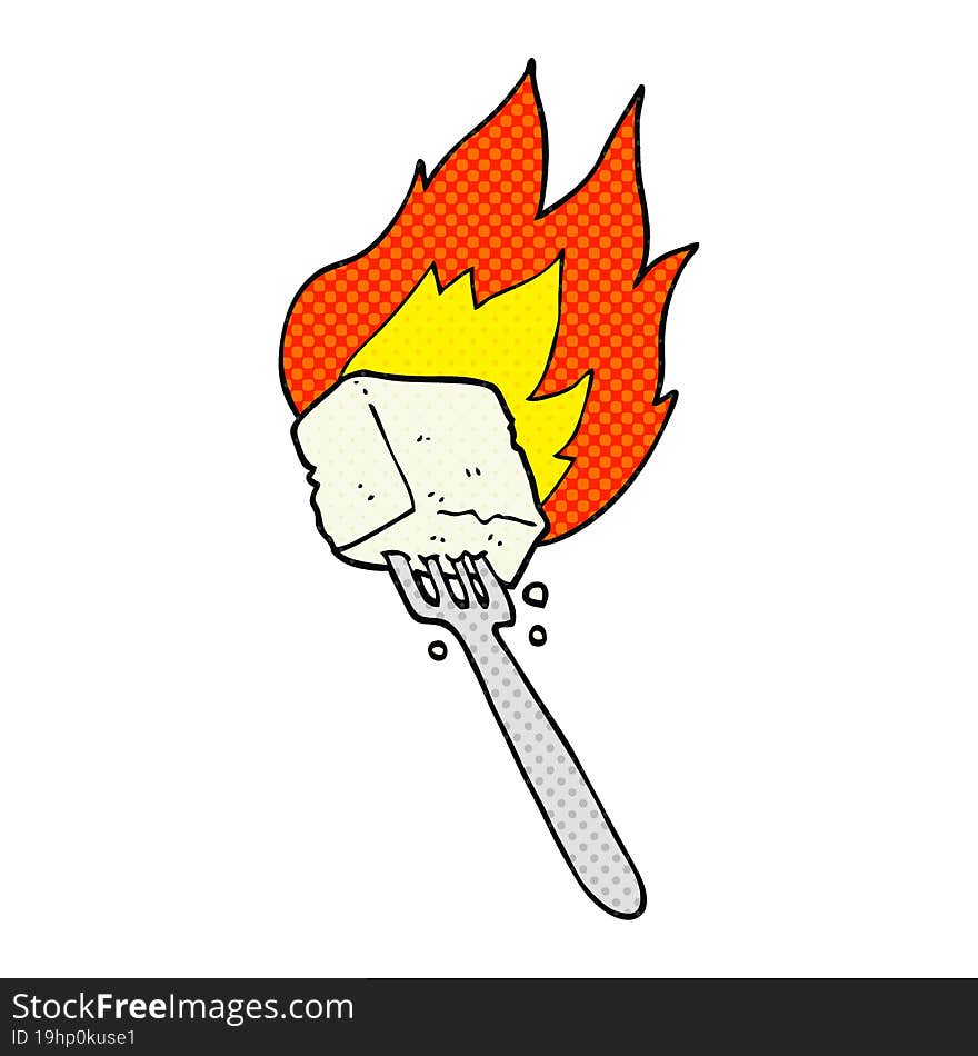 comic book style cartoon flaming tofu on fork