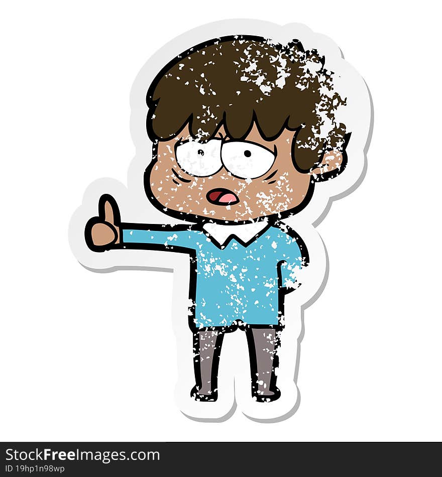 Distressed Sticker Of A Cartoon Exhausted Boy