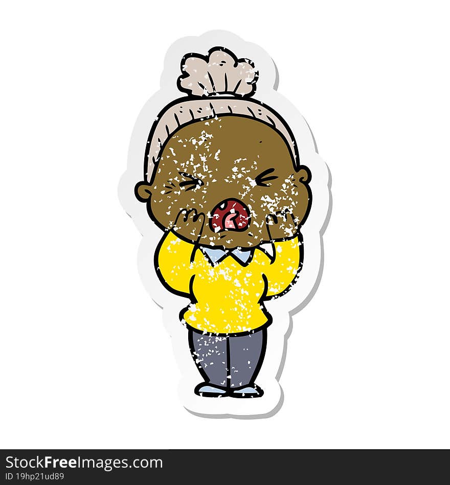 distressed sticker of a cartoon angry old woman