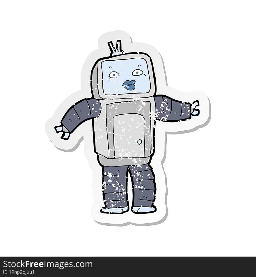 retro distressed sticker of a funny cartoon robot