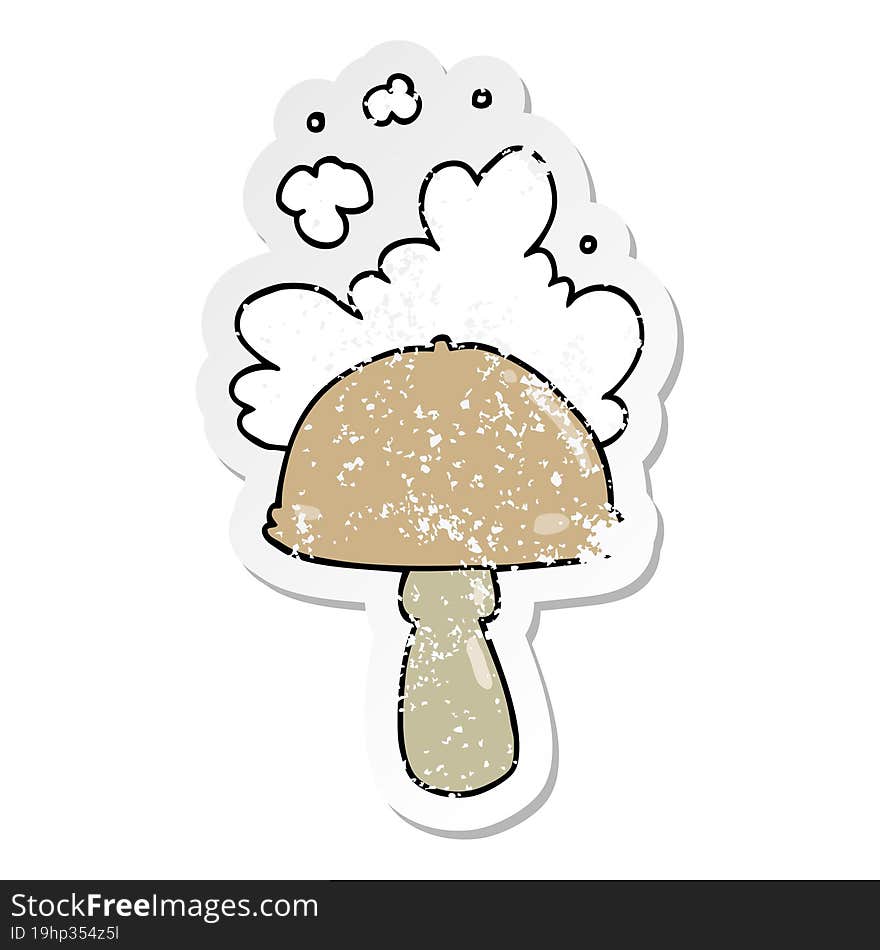 distressed sticker of a cartoon mushroom with spore cloud